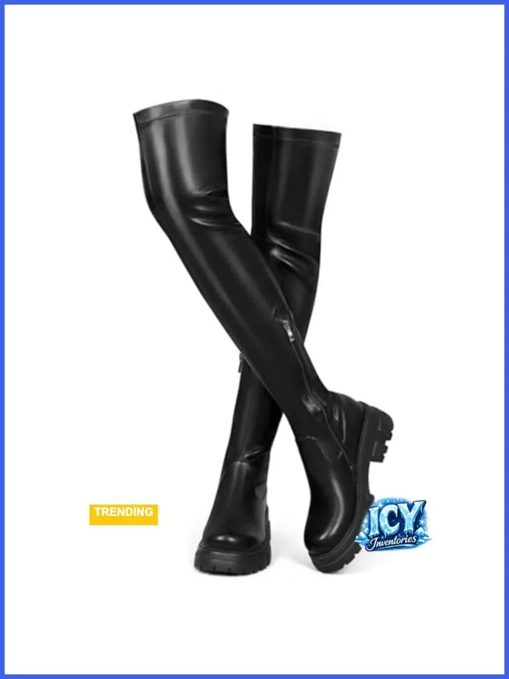Black Thigh High Boots Platform Over The Knee Lug Sole Comfortable Stretch